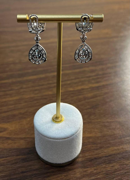 Fancy Blue Topaz White Diamond Halo 14K White Gold Fancy Drop Lattice Earrings