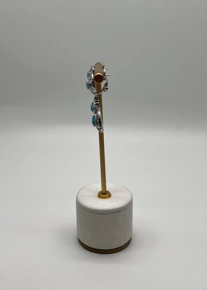 Fancy Blue Topaz White Diamond Halo 14K White Gold Fancy Drop Lattice Earrings