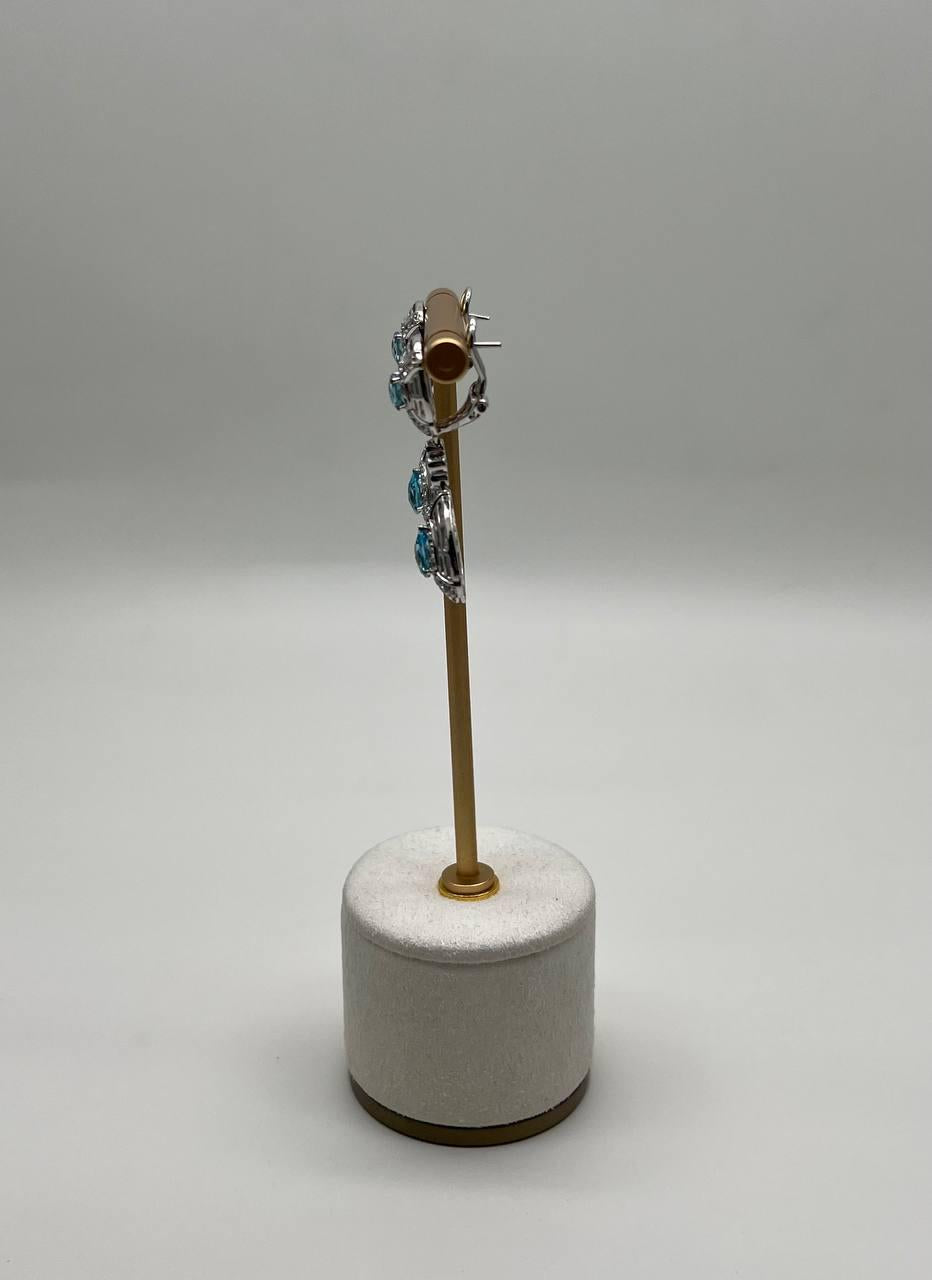 fancy blue topaz white diamond halo 14k white gold fancy drop lattice earrings