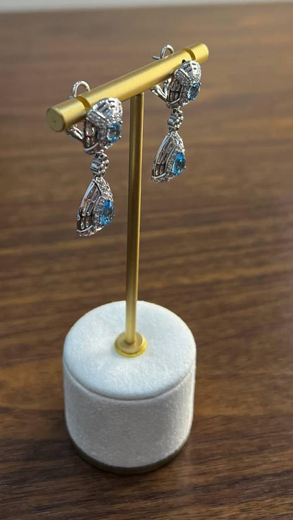 Fancy Blue Topaz White Diamond Halo 14K White Gold Fancy Drop Lattice Earrings