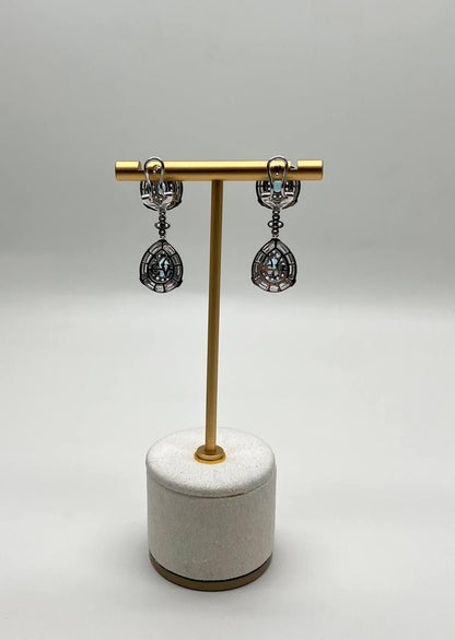 Fancy Blue Topaz White Diamond Halo 14K White Gold Fancy Drop Lattice Earrings