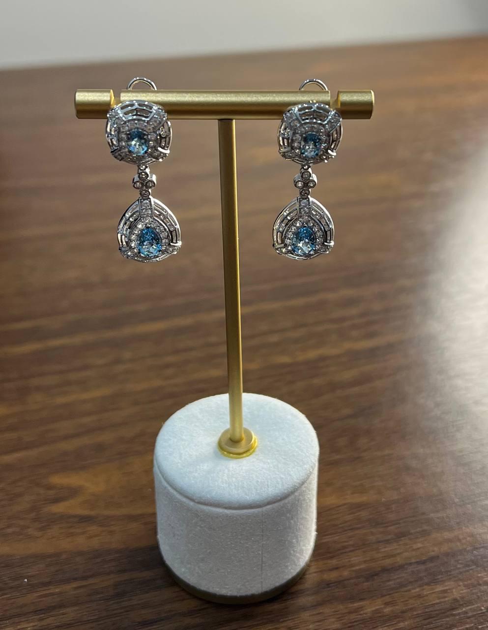 Fancy Blue Topaz White Diamond Halo 14K White Gold Fancy Drop Lattice Earrings
