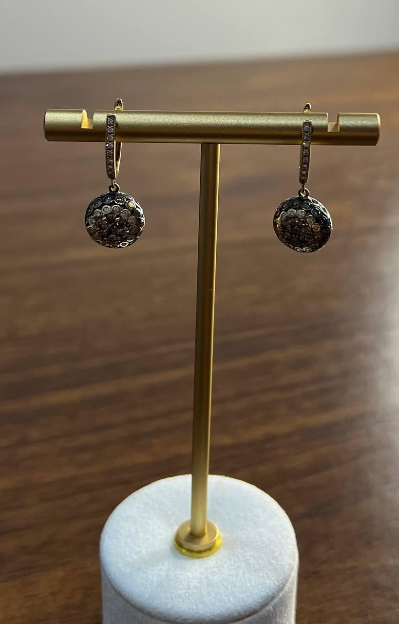 Champagne Cognac Diamond Cluster Pave Set 14K Gold Statement Drop Earrings