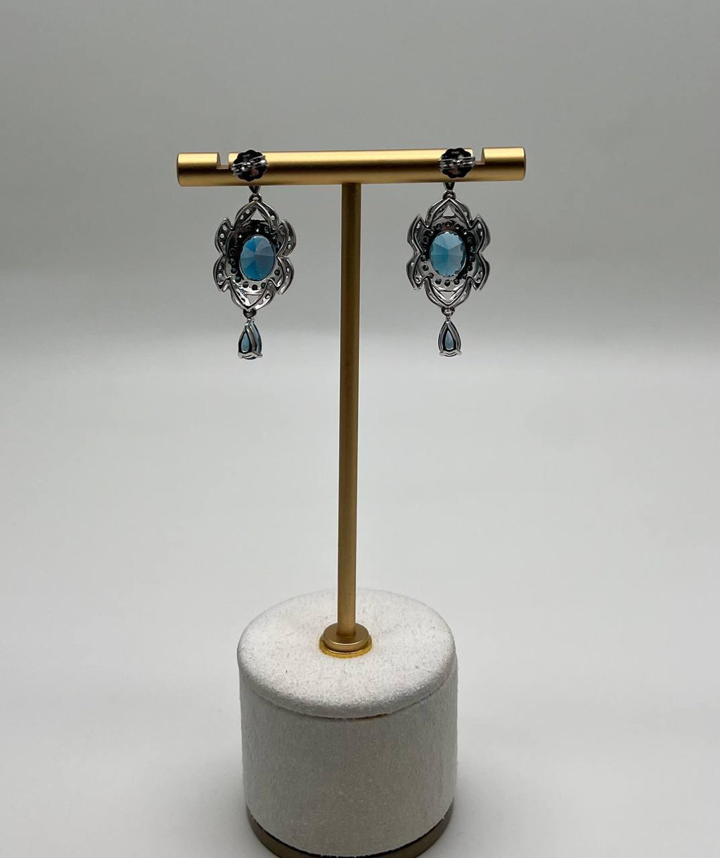 Round Blue Topaz Leaf Nature Diamonds 14 K White Gold Teardrop Dangle Earrings