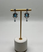 Round Blue Topaz Leaf Nature Diamonds 14 K White Gold Teardrop Dangle Earrings