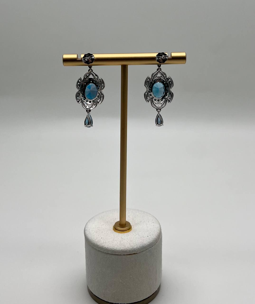 Round Blue Topaz Leaf Nature Diamonds 14 K White Gold Teardrop Dangle Earrings