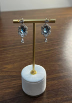 Round Blue Topaz Leaf Nature Diamonds 14 K White Gold Teardrop Dangle Earrings