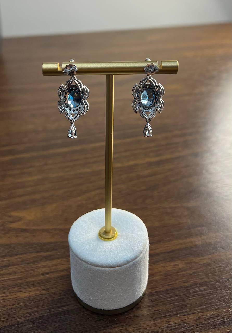 Round Blue Topaz Leaf Nature Diamonds 14 K White Gold Teardrop Dangle Earrings