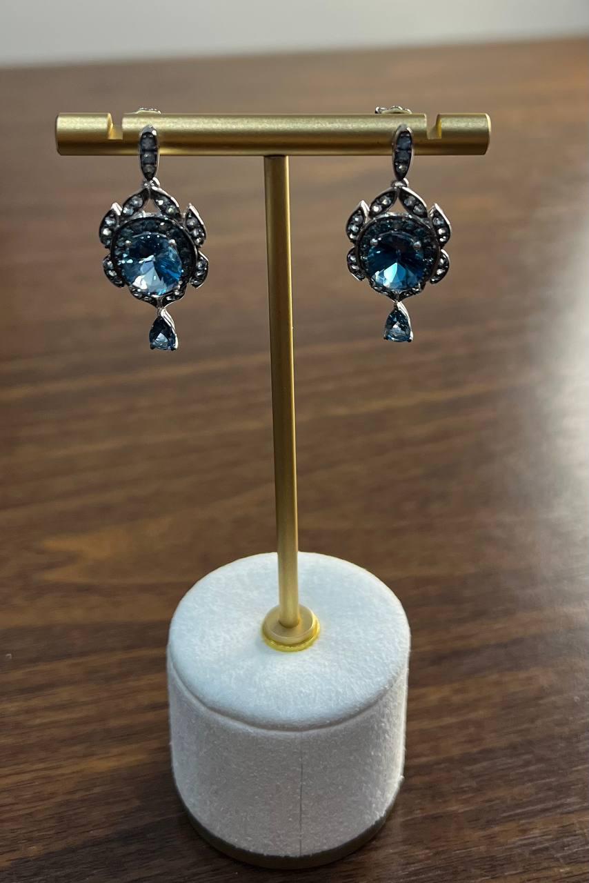 Round Blue Topaz Leaf Nature Diamonds 14 K White Gold Teardrop Dangle Earrings