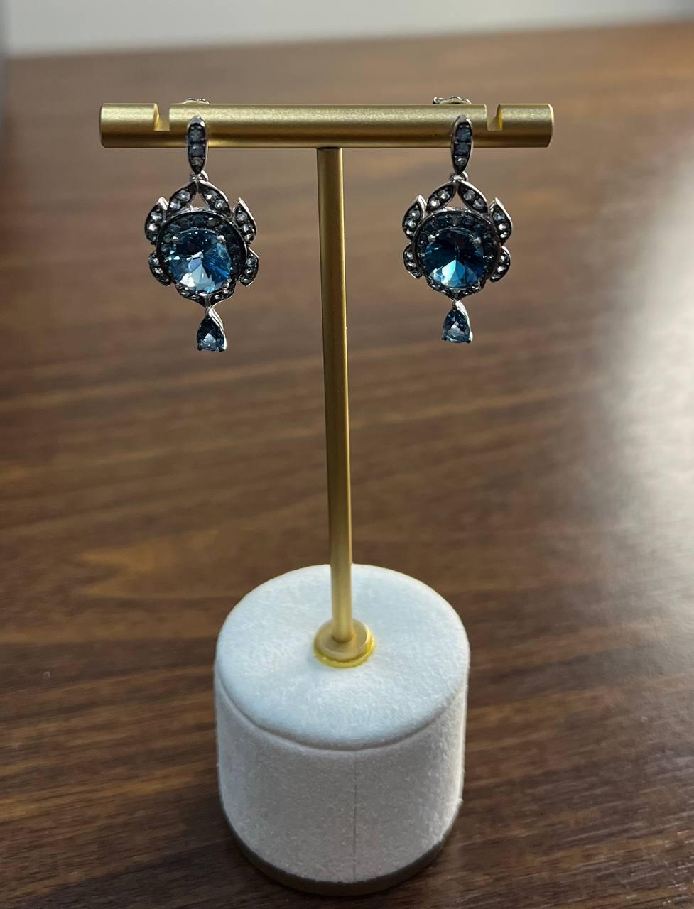 Round Blue Topaz Leaf Nature Diamonds 14 K White Gold Teardrop Dangle Earrings
