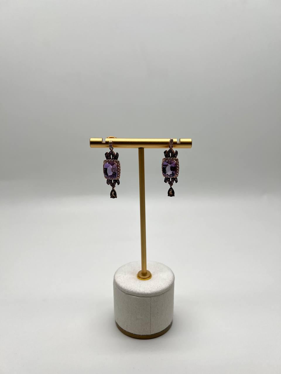 Purple Violet Amethyst Diamond Halo 14K Rose Gold Drop Statement Earrings