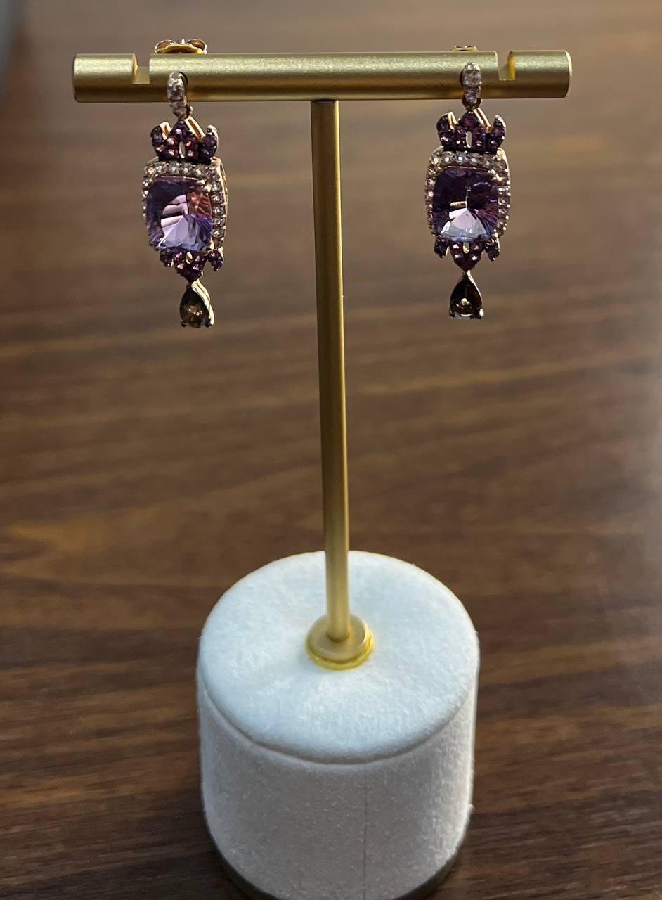 Purple Violet Amethyst Diamond Halo 14K Rose Gold Drop Statement Earrings