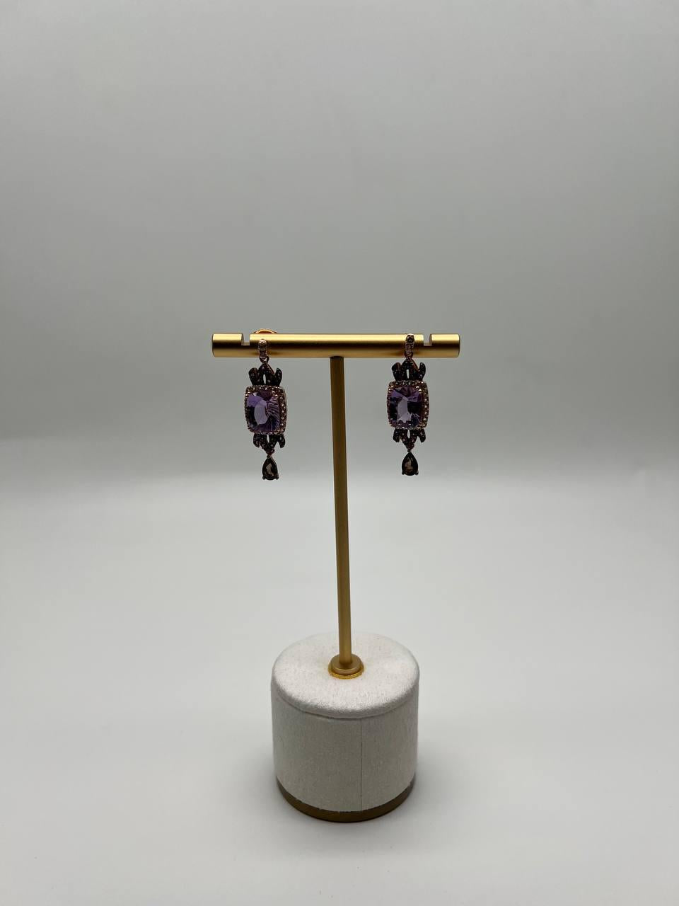 Purple Violet Amethyst Diamond Halo 14K Rose Gold Drop Statement Earrings