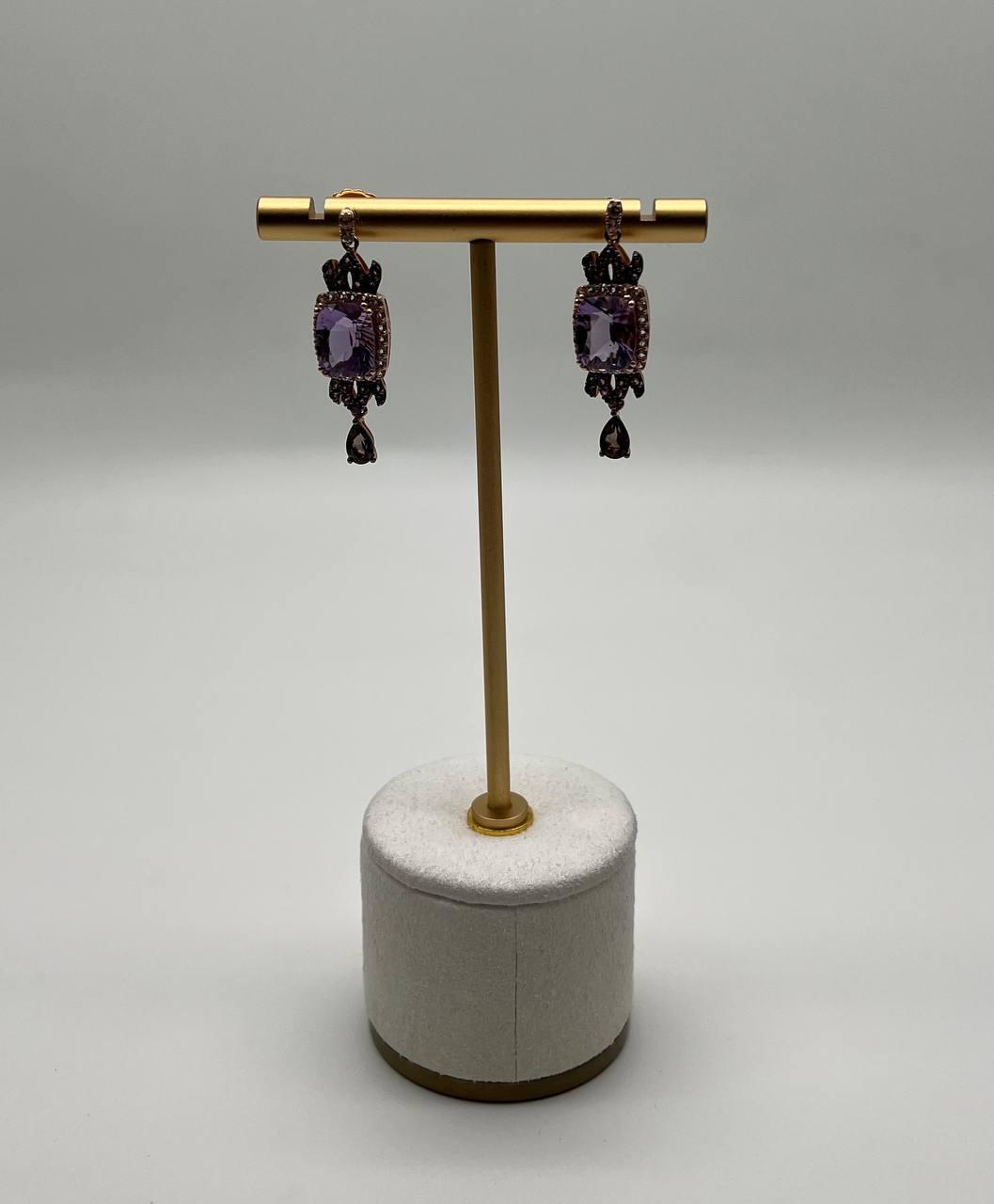 Purple Violet Amethyst Diamond Halo 14K Rose Gold Drop Statement Earrings