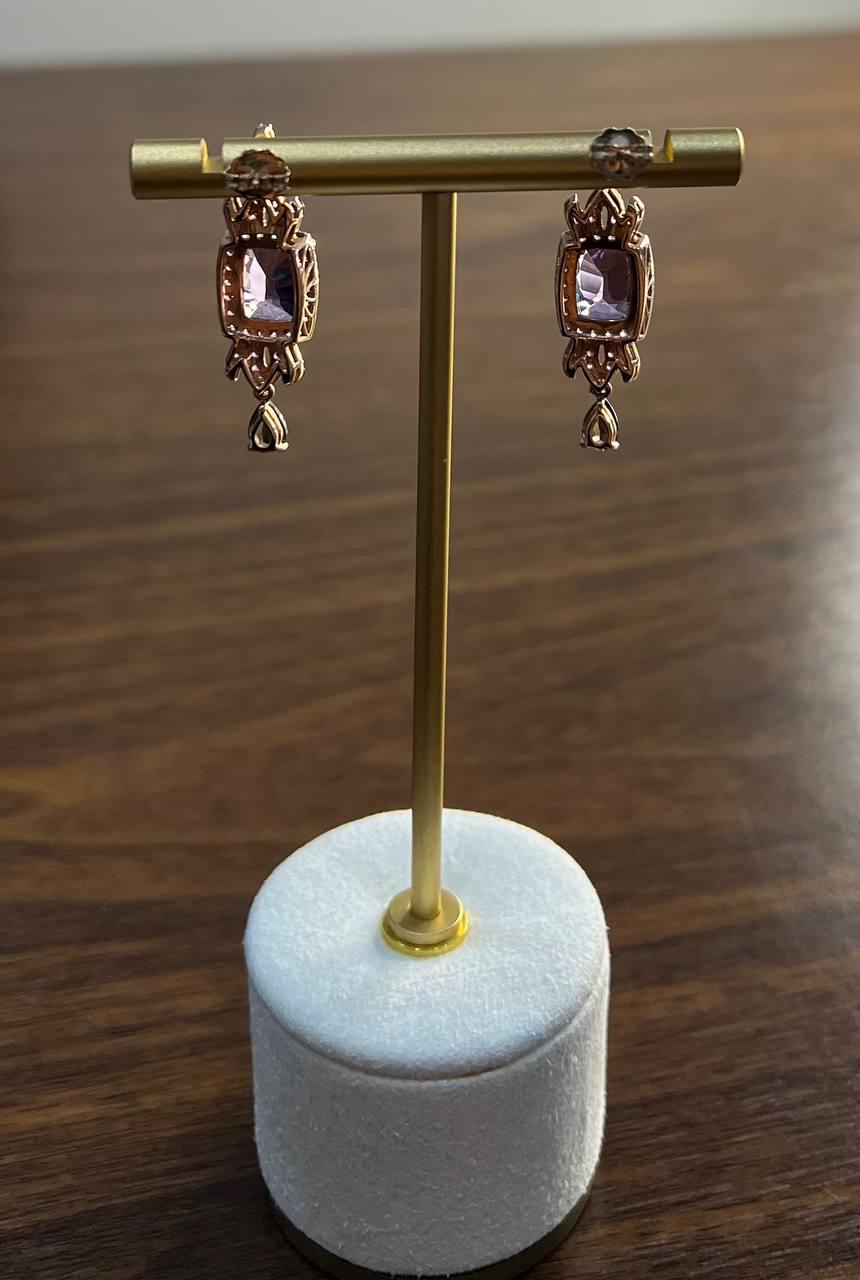 Purple Violet Amethyst Diamond Halo 14K Rose Gold Drop Statement Earrings