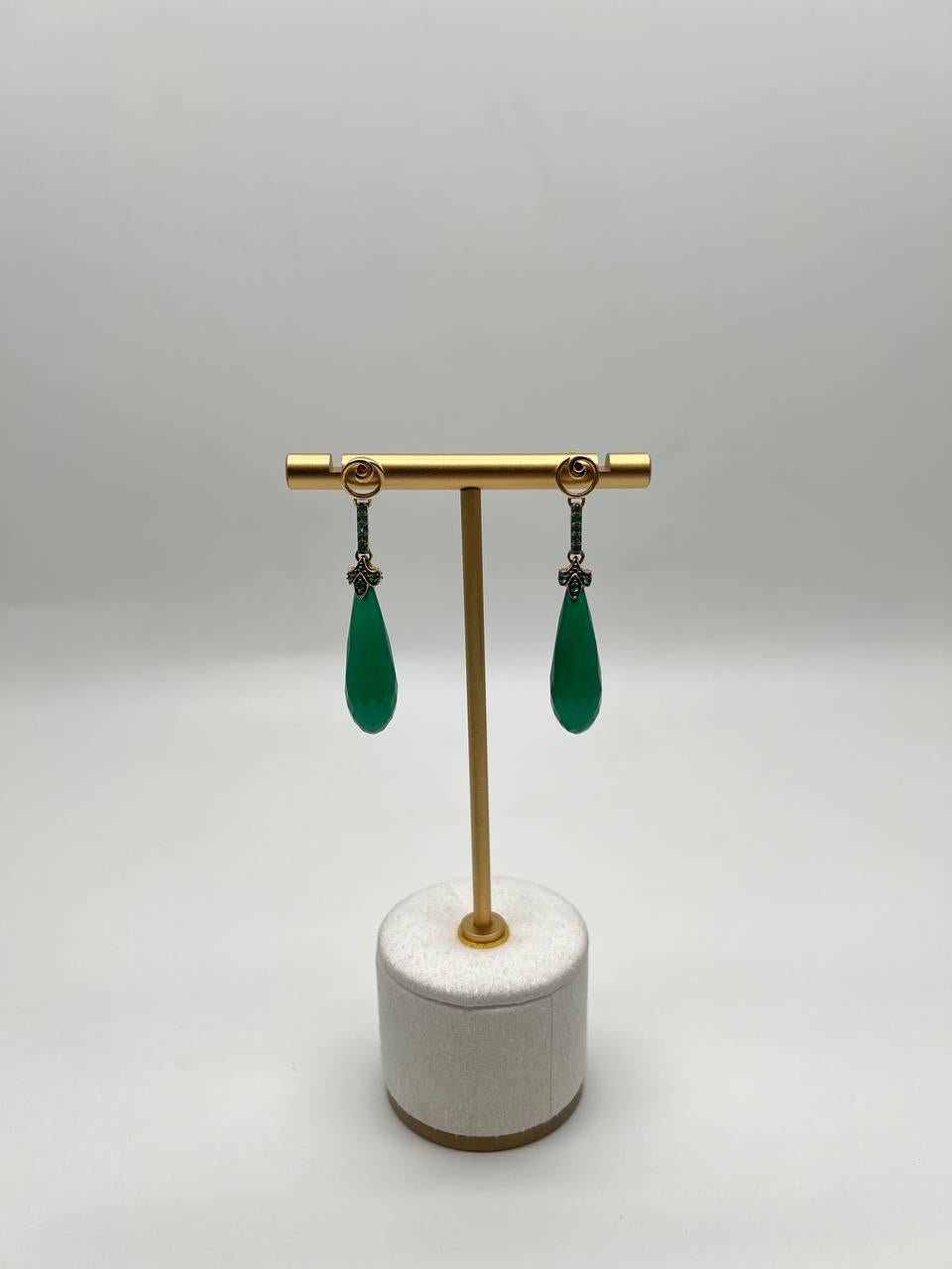 Dark Green Teardrop Briolette Quartz Earrings Diamond 14K Gold Drop Earrings