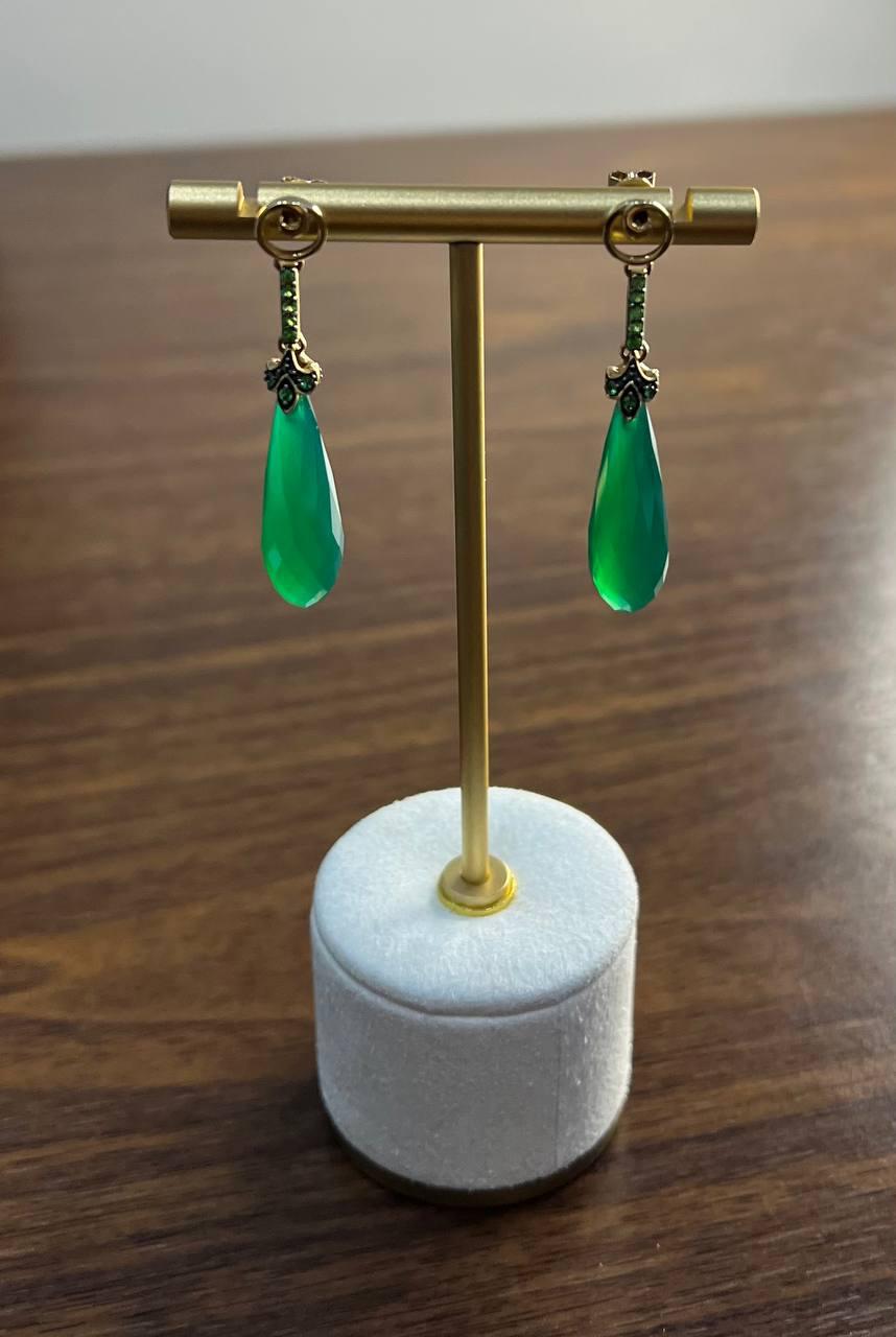 Dark Green Teardrop Briolette Quartz Earrings Diamond 14K Gold Drop Earrings