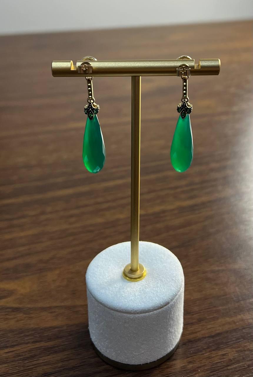 Dark Green Teardrop Briolette Quartz Earrings Diamond 14K Gold Drop Earrings