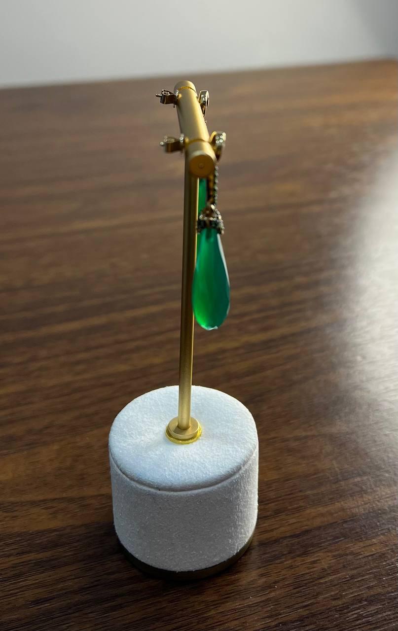 Dark Green Teardrop Briolette Quartz Earrings Diamond 14K Gold Drop Earrings