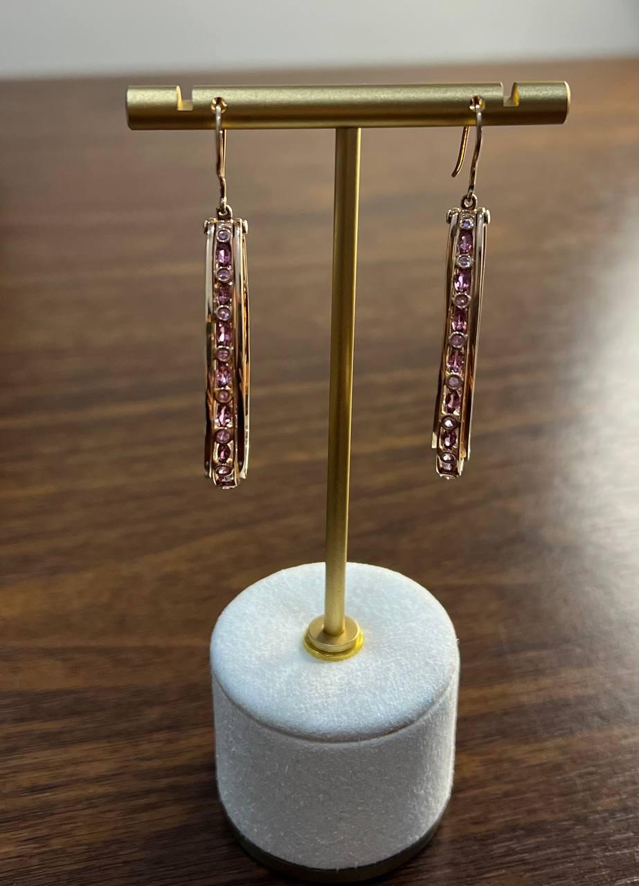 Pink Sapphire White Diamonds 14K Rose Gold Pear Shape Hoop Statement Earrings