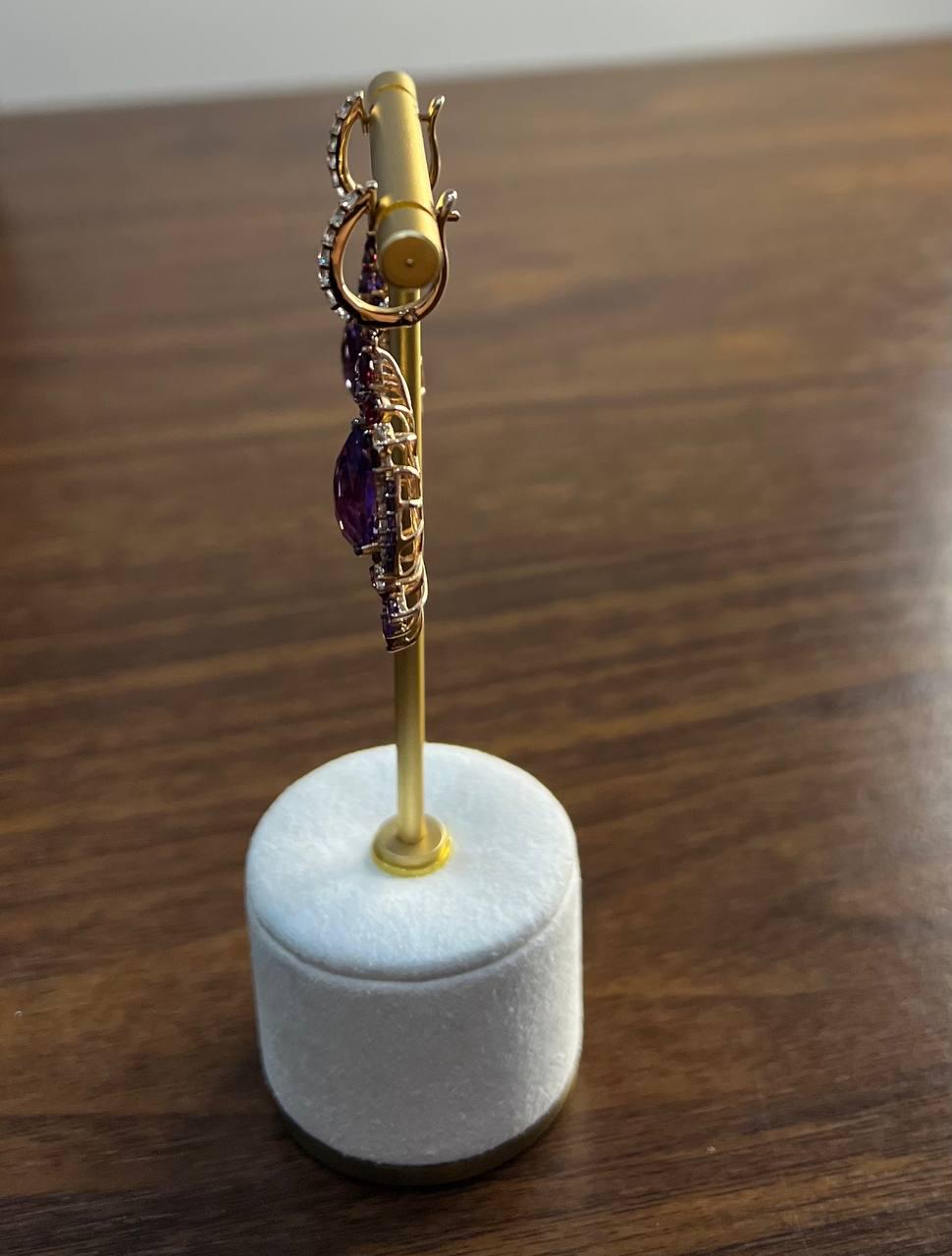 Purple Amethyst Diamond Halo Floral 14K Rose Gold Dangle Chandelier Earrings