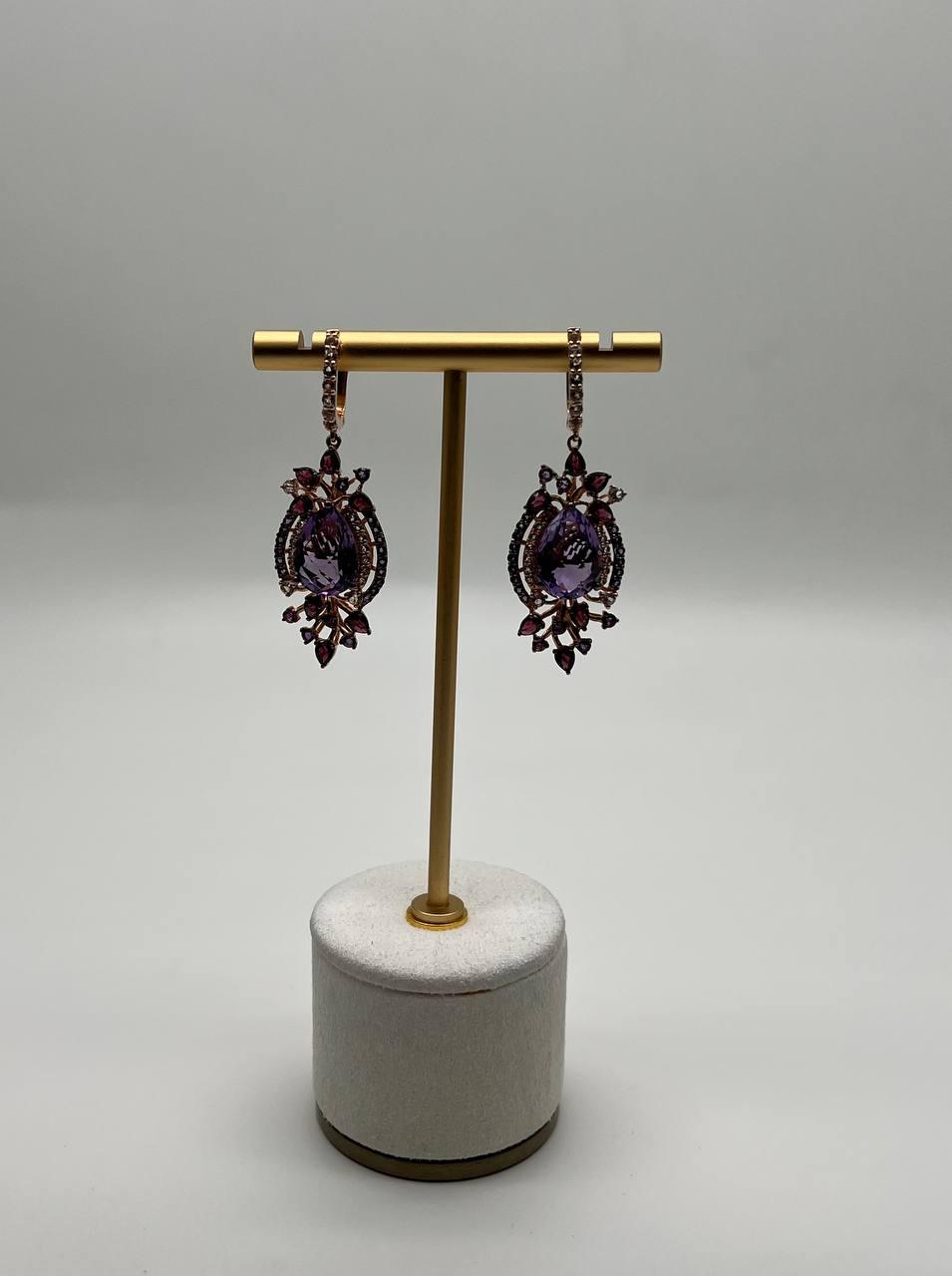 Purple Amethyst Diamond Halo Floral 14K Rose Gold Dangle Chandelier Earrings