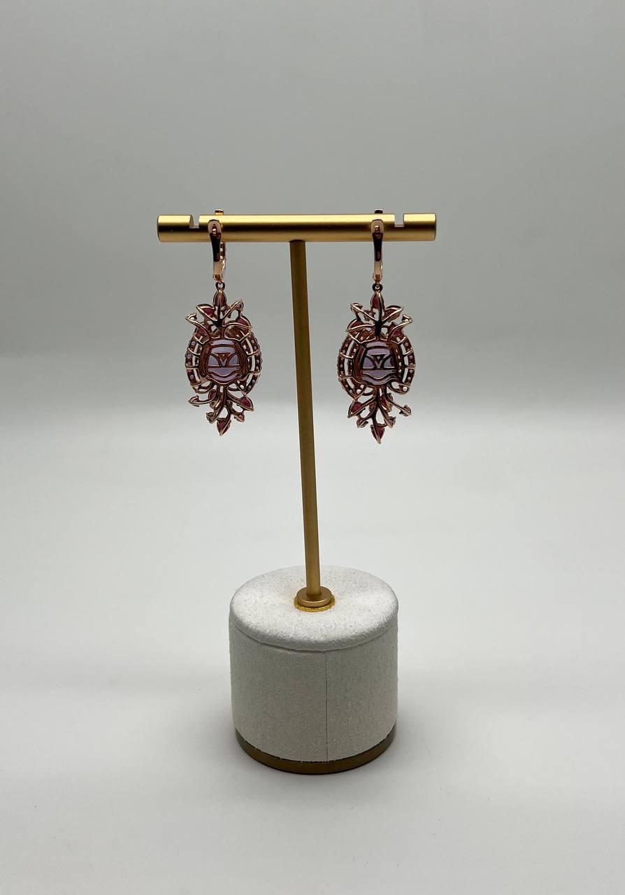 Purple Amethyst Diamond Halo Floral 14K Rose Gold Dangle Chandelier Earrings