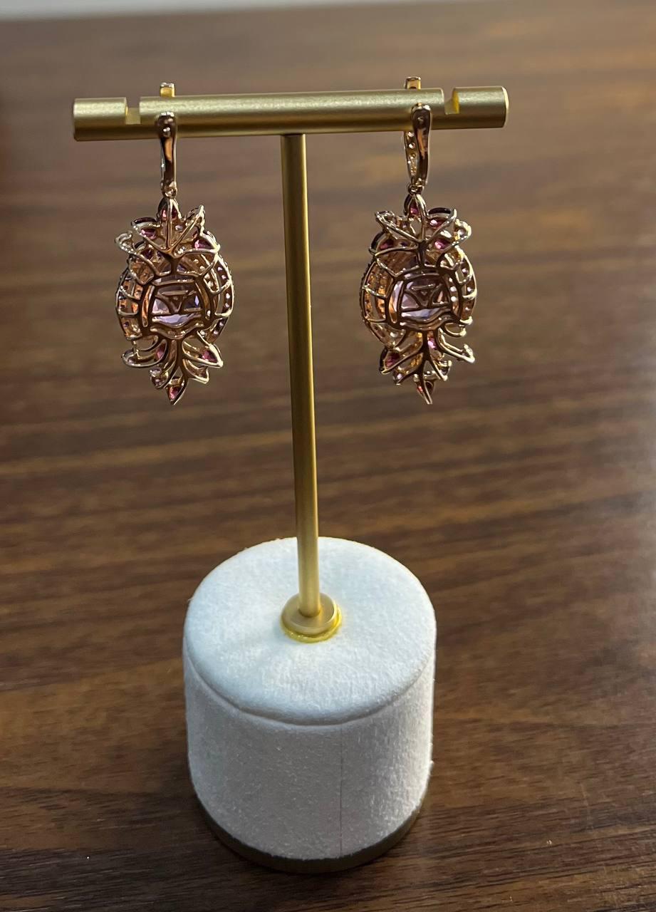 Purple Amethyst Diamond Halo Floral 14K Rose Gold Dangle Chandelier Earrings