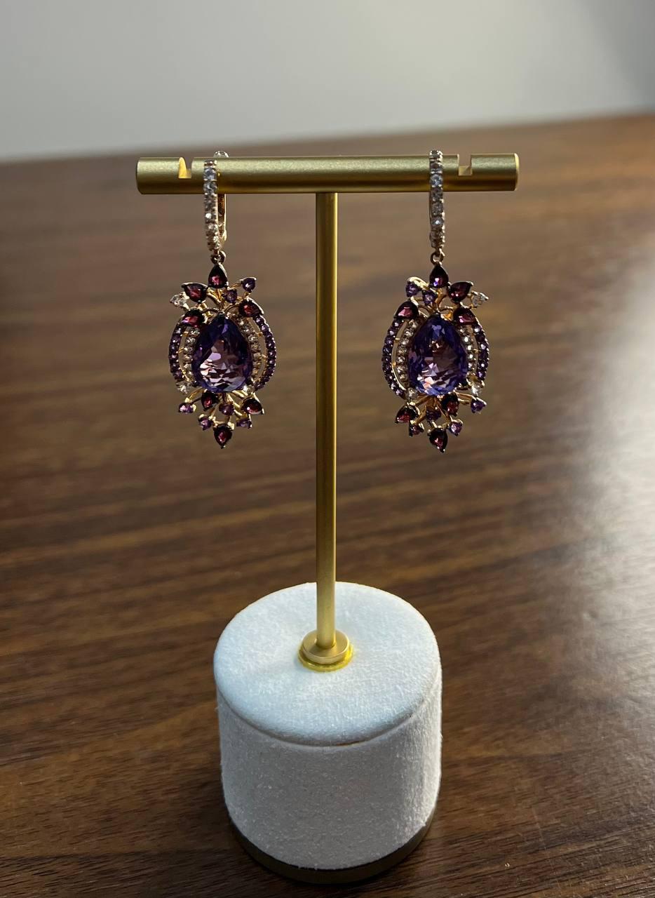 Purple Amethyst Diamond Halo Floral 14K Rose Gold Dangle Chandelier Earrings
