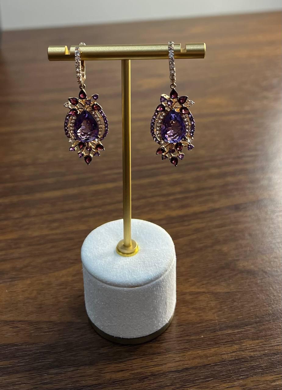 Purple Amethyst Diamond Halo Floral 14K Rose Gold Dangle Chandelier Earrings