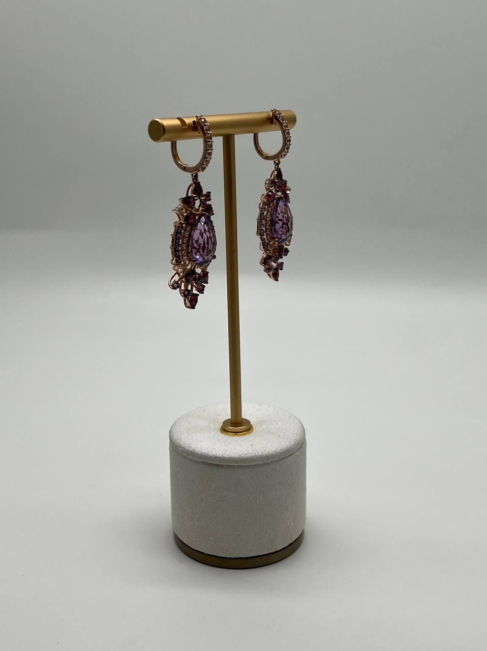Purple Amethyst Diamond Halo Floral 14K Rose Gold Dangle Chandelier Earrings