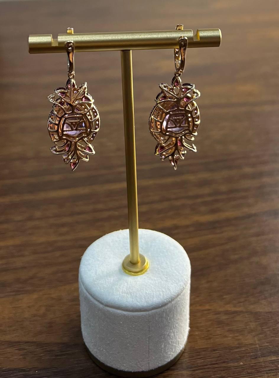 Purple Amethyst Diamond Halo Floral 14K Rose Gold Dangle Chandelier Earrings