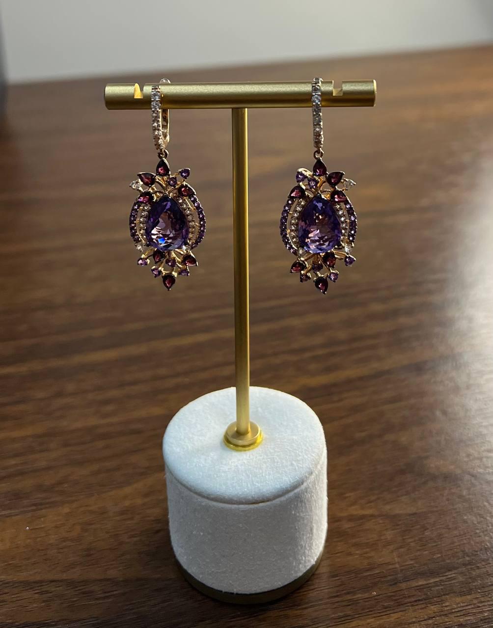 Purple Amethyst Diamond Halo Floral 14K Rose Gold Dangle Chandelier Earrings