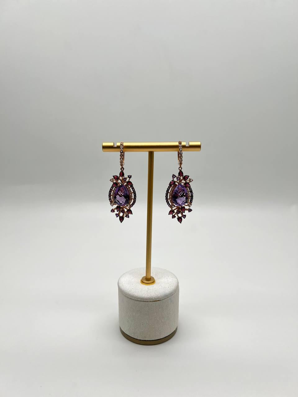 purple amethyst diamond halo floral 14k rose gold dangle chandelier earrings