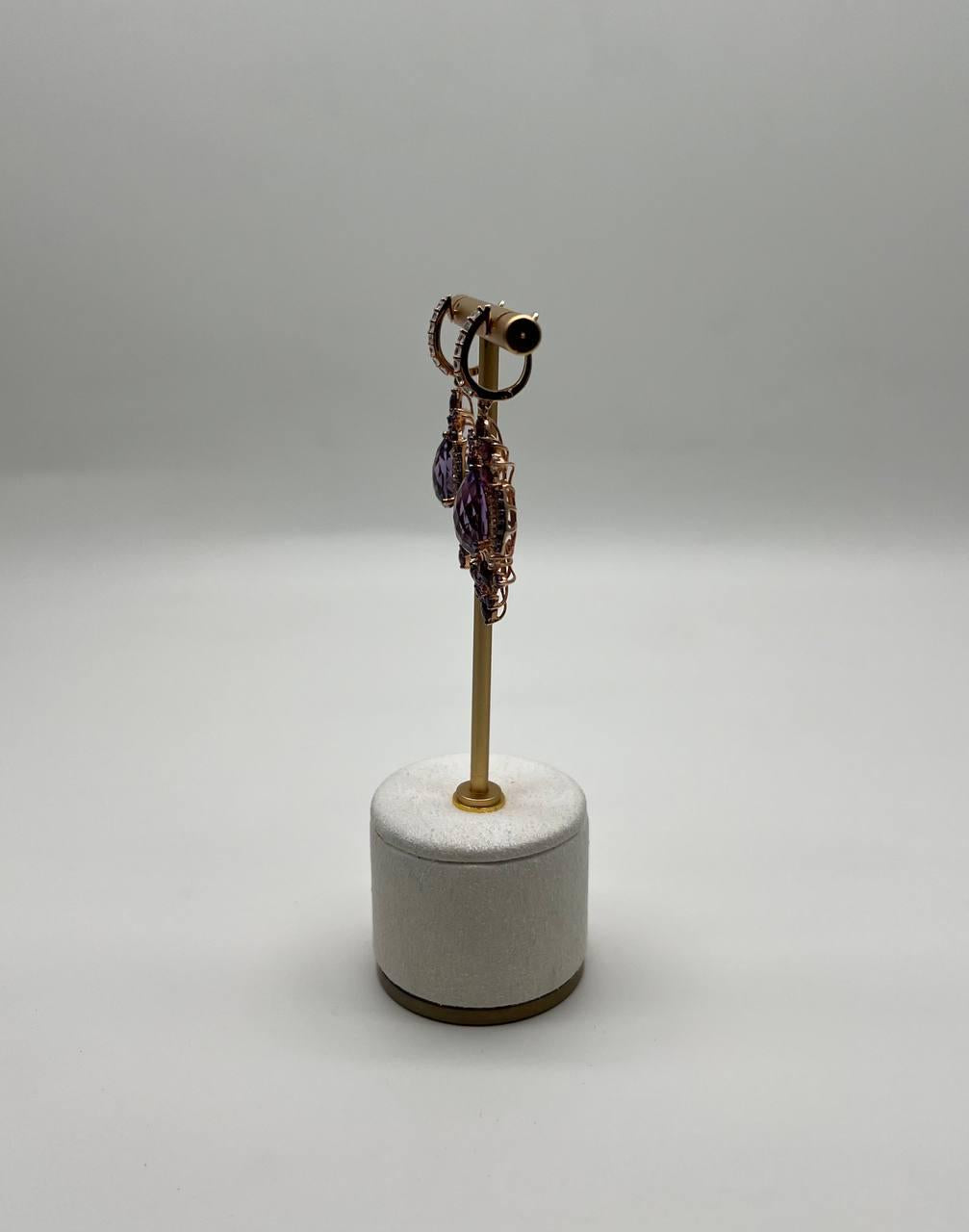 Purple Amethyst Diamond Halo Floral 14K Rose Gold Dangle Chandelier Earrings