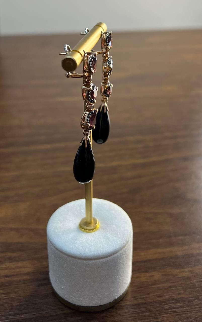 Black Onyx Drop Briolette Diamond Garnet 14K Yellow White Gold Unique Earrings