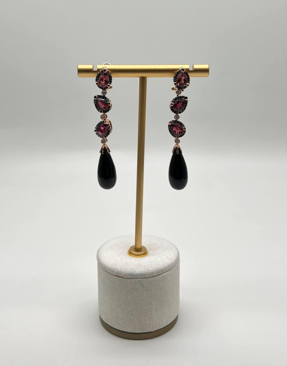Black Onyx Drop Briolette Diamond Garnet 14K Yellow White Gold Unique Earrings