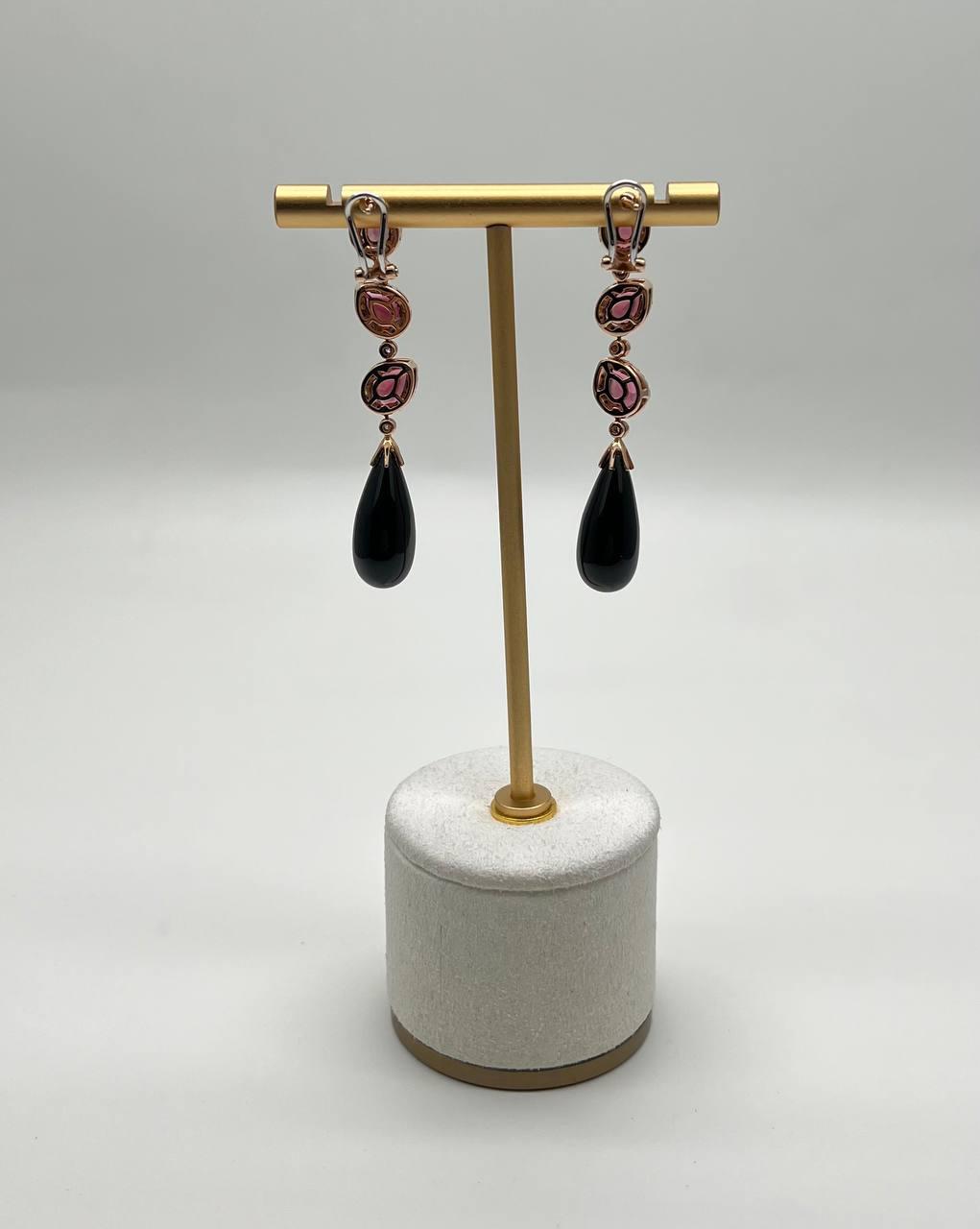 Black Onyx Drop Briolette Diamond Garnet 14K Yellow White Gold Unique Earrings