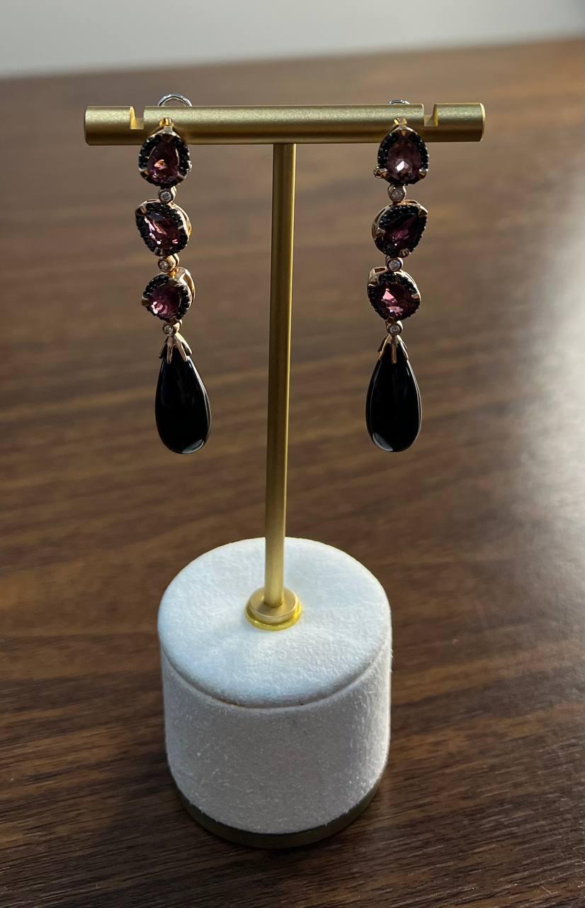 Black Onyx Drop Briolette Diamond Garnet 14K Yellow White Gold Unique Earrings