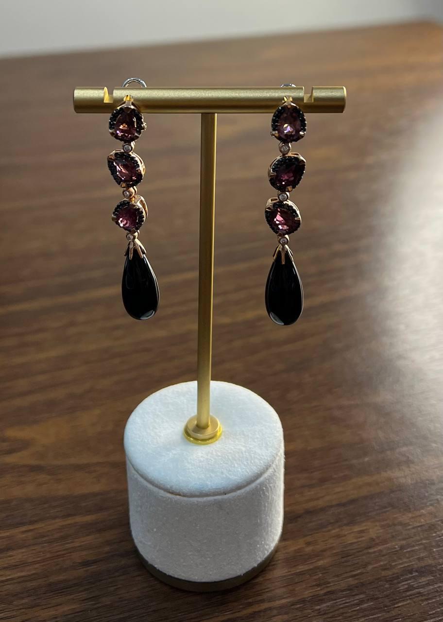 Black Onyx Drop Briolette Diamond Garnet 14K Yellow White Gold Unique Earrings