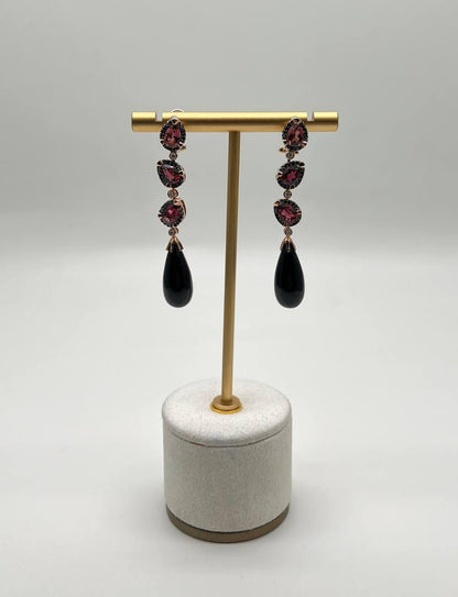 Black Onyx Drop Briolette Diamond Garnet 14K Yellow White Gold Unique Earrings