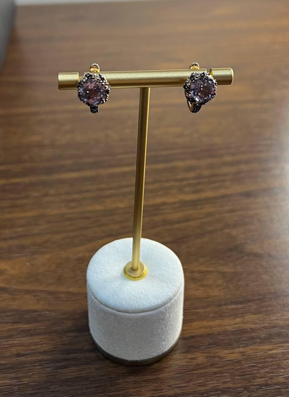 Purple Violet Amethyst White Brown Diamonds Halo 14K Rose Gold Stud Earrings