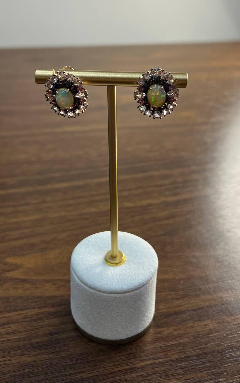 White Opal Brown Diamonds Peach Morganites 18K Rose Gold Statement Earrings