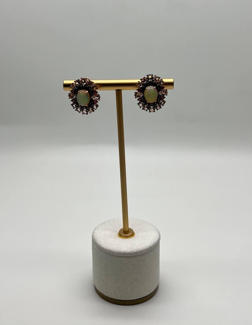 White Opal Brown Diamonds Peach Morganites 18K Rose Gold Statement Earrings