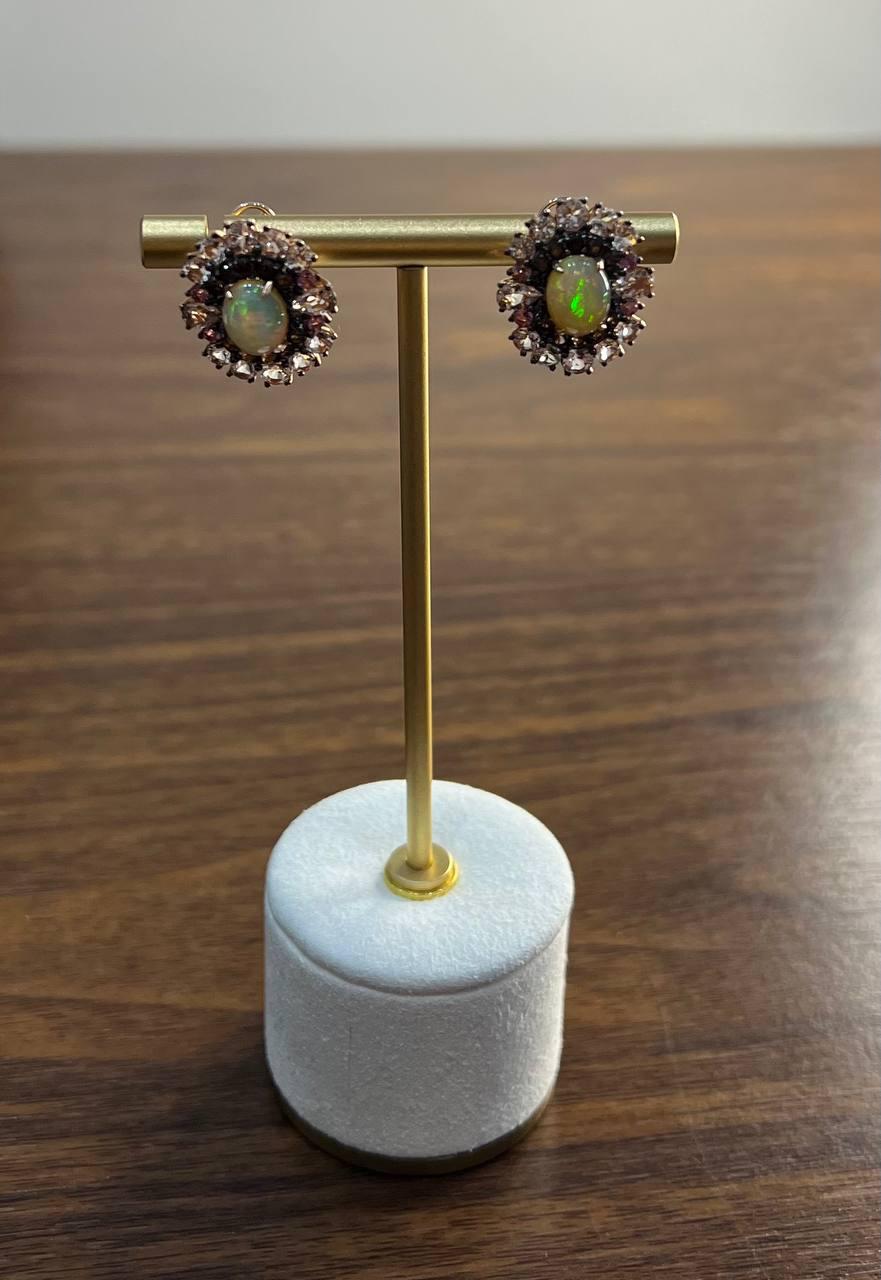 White Opal Brown Diamonds Peach Morganites 18K Rose Gold Statement Earrings