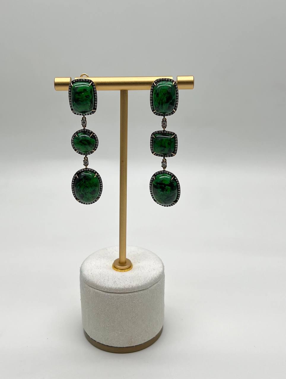 Dark Green Maw Sit Sit Jade-albite Diamond Halo 18K Gold Statement Drop Earrings