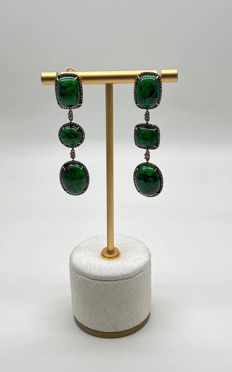 Dark Green Maw Sit Sit Jade-albite Diamond Halo 18K Gold Statement Drop Earrings