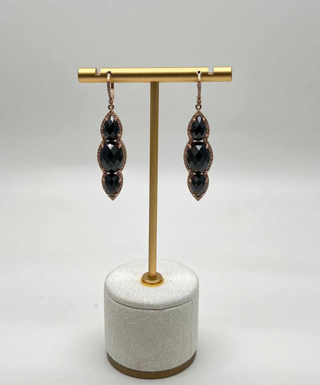 Black Onyx Faceted Diamonds Halo 14K Gold Statement Drop Dangle Earrings