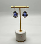 Pear Teardrop Blue Tanzanite Cabochon Diamond Halo 14K Gold Drop Earrings