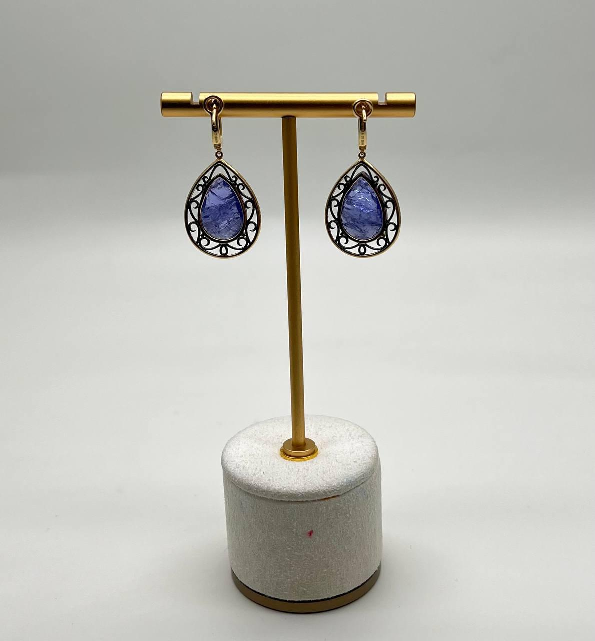 Pear Teardrop Blue Tanzanite Cabochon Diamond Halo 14K Gold Drop Earrings